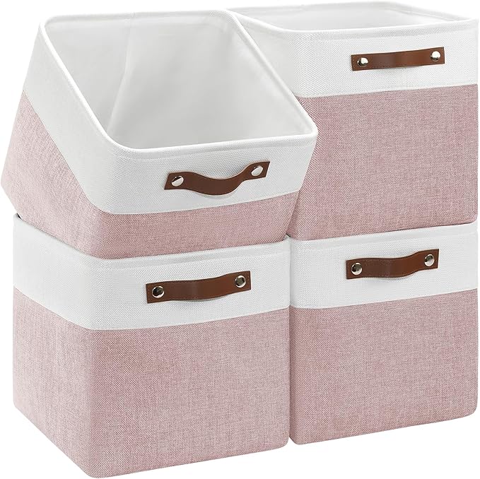 4-Pack Foldable Fabric Storage Cubes 11x11 Inch, Sturdy Cube Organizer Bins with Leather Handles, Storage Baskets for Closet Shelves and Home Organization(White/Pink)
