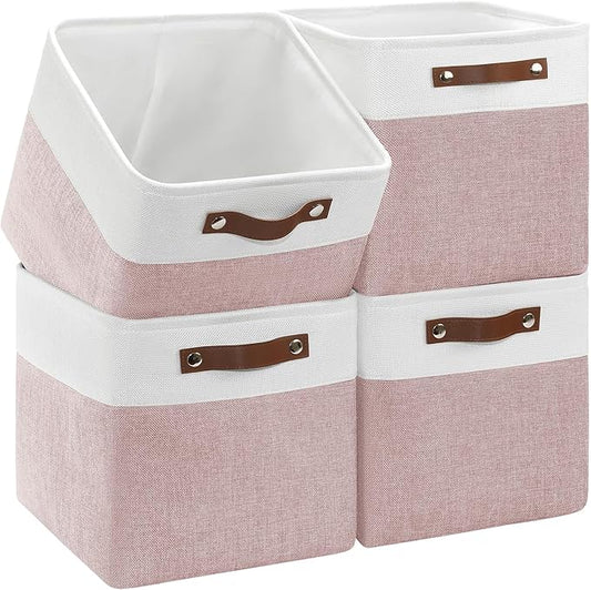 4-Pack Foldable Fabric Storage Cubes 11x11 Inch, Sturdy Cube Organizer Bins with Leather Handles, Storage Baskets for Closet Shelves and Home Organization(White/Pink)