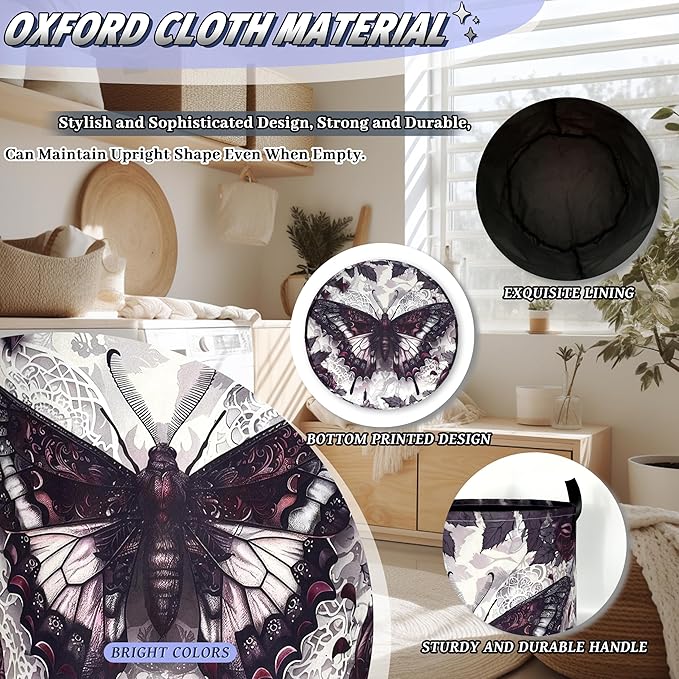 Purple Butterfly and Rose Flowers Laundry Basket Foldable Colorful Laundry Hamper With Handle Oxford Cloth Portable Clothes Storage Basket Laundry Bag 18.9"x16.5" For Laundry Room/Bedroom/Bathrooms