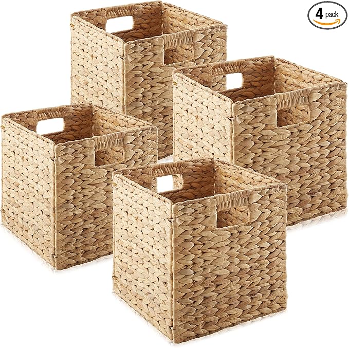 Casafield 13" x 13" Water Hyacinth Storage Baskets, Natural - Set of 4 Collapsible Cube Organizers, Woven Bins for Bathroom, Bedroom, Laundry, Pantry, Shelves