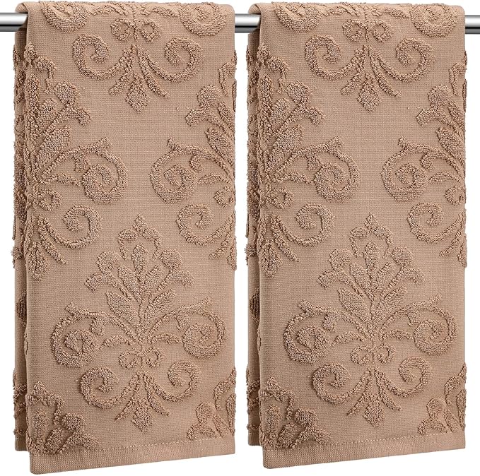 2 Pcs Quality Floral Jacquard Hand Towels Set for Bathroom Brown Hand Towels 100% Cotton Absorbent Decorative Weave Bath Decor Neutral Bathroom Decor Gift, 13.7 x 29.5 Inch