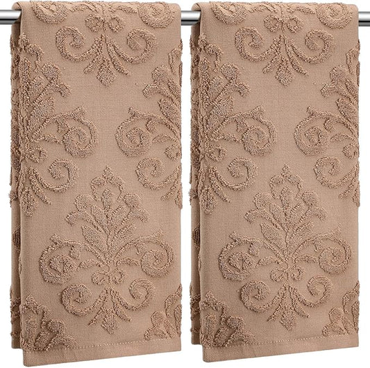 2 Pcs Quality Floral Jacquard Hand Towels Set for Bathroom Brown Hand Towels 100% Cotton Absorbent Decorative Weave Bath Decor Neutral Bathroom Decor Gift, 13.7 x 29.5 Inch