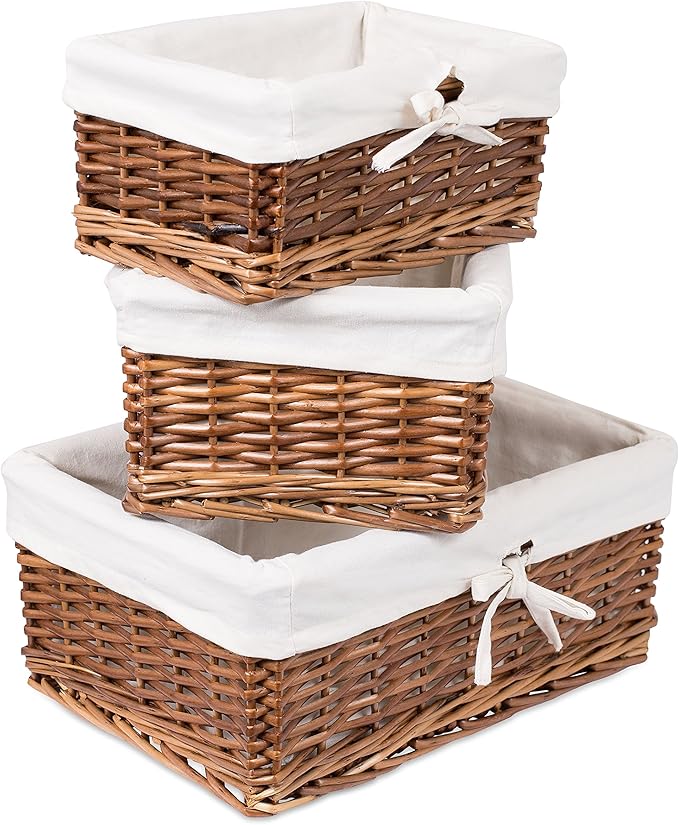 BirdRock Home Woven Willow Baskets with Liner | Set of 5 | Rectangular Hampers and Storage Bins with Lids | Decorative Wooden Wicker Baskets | Organizer | Natural (Brown)