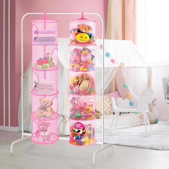 coastal rose Stuffed Animals Net or Toy Net Hammock, Foldable Stuffed Animals Storage 5 Compartments, Toy Storage Organizer for Plushies Organizer Mesh Kids Girls Room Decor, Pink