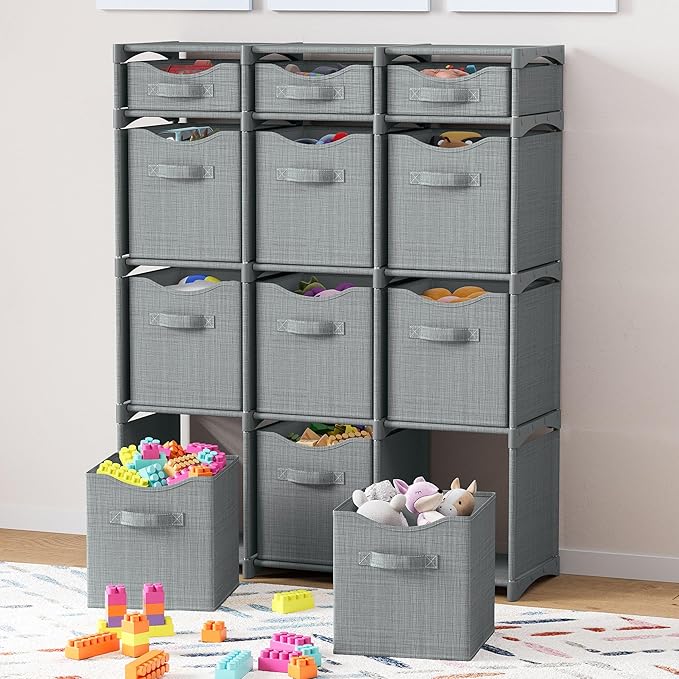 12 Cube Storage Organizer With Bins Included - Closet Storage With 12 Storage Bins - Easy To Assemble Storage Unit With Drawers - Closet Organization For Clothes, Bedroom, Nursery, & Toys (Grey)