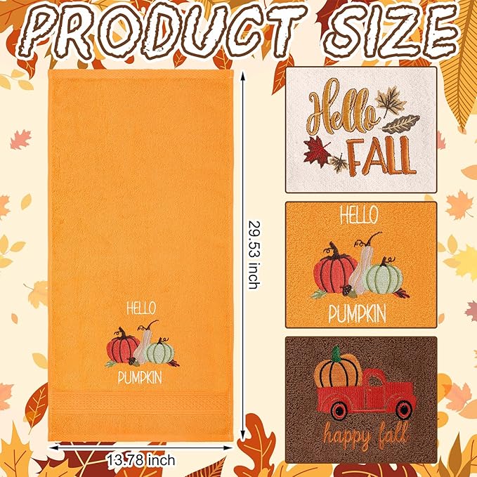 3 Pcs Fall Pumpkin Hand Towels for Bathroom Embroidered Bathroom Towels Farmhouse Decorative 13.78 x 29.53 Inch Absorbent Soft Cotton for Kitchen Dish Fast Drying Decor