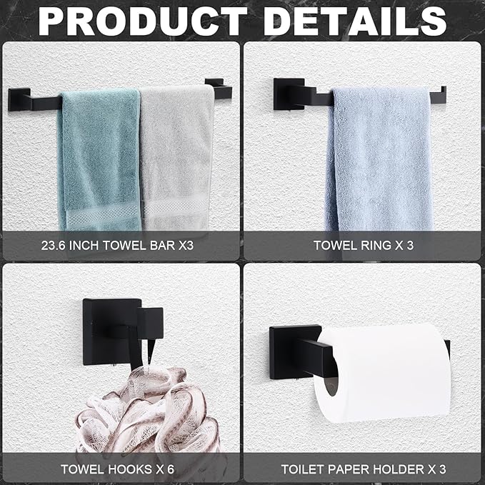 15 Pieces Bathroom Hardware Accessories Set, 23.6 Inch Stainless Steel Bath Towel Bar, Bathroom Hardware Set, Towel Racks Holder for Wall Mounted (Black)