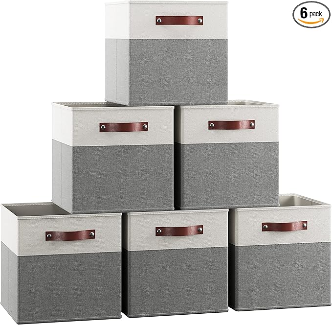 Ornavo Home 11 x 11 Storage Cube Bins, Foldable Collapsible Fabric Storage Bins Box Linen Shelf Basket Cube Organizer for Closet with Leather Handles, 6 Pack, White/Gray