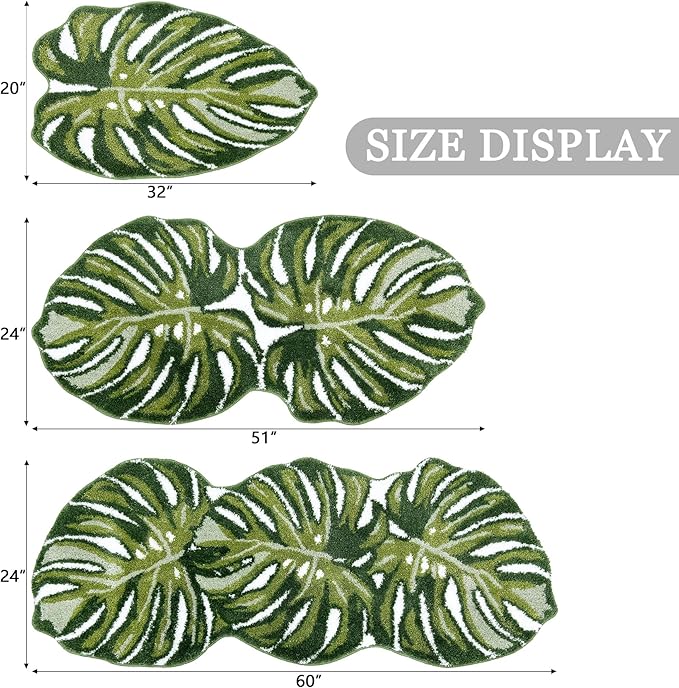 Green Bathroom Runner Rug - Leaf Long Bath Mat Tropical Monstera Bath Rugs Non Slip Washable Bathrug for Bathroom Floor, Cute Restroom Rug, Plant Absorbent Bathmat Botanical Home Decor 24" x 60"