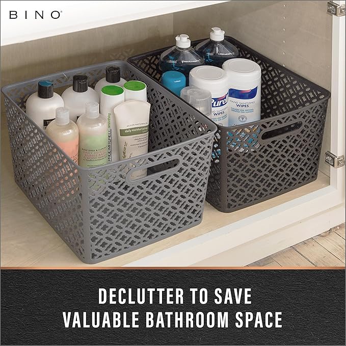 BINO l Plastic Storage Baskets, Large - White | THE BLOSSOM COLLECTION l Multi-Use Organizer Bin l Built-in Handles l Plastic Woven Basket for Organizing l Pantry & Home Organizing Basket