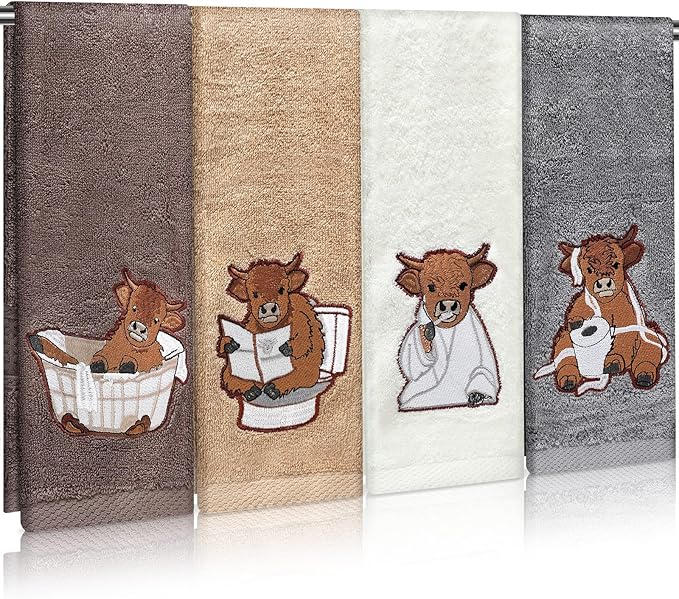 4 Pcs Highland Cow Bathroom Towels Cow Hand Face Wash Towels 29" x 13" Cotton Funny Embroidered Farmhouse Decorative Bathroom Decoration for Kitchen Accessories Housewarming