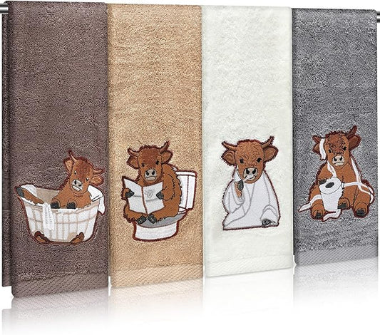 4 Pcs Highland Cow Bathroom Towels Cow Hand Face Wash Towels 29" x 13" Cotton Funny Embroidered Farmhouse Decorative Bathroom Decoration for Kitchen Accessories Housewarming