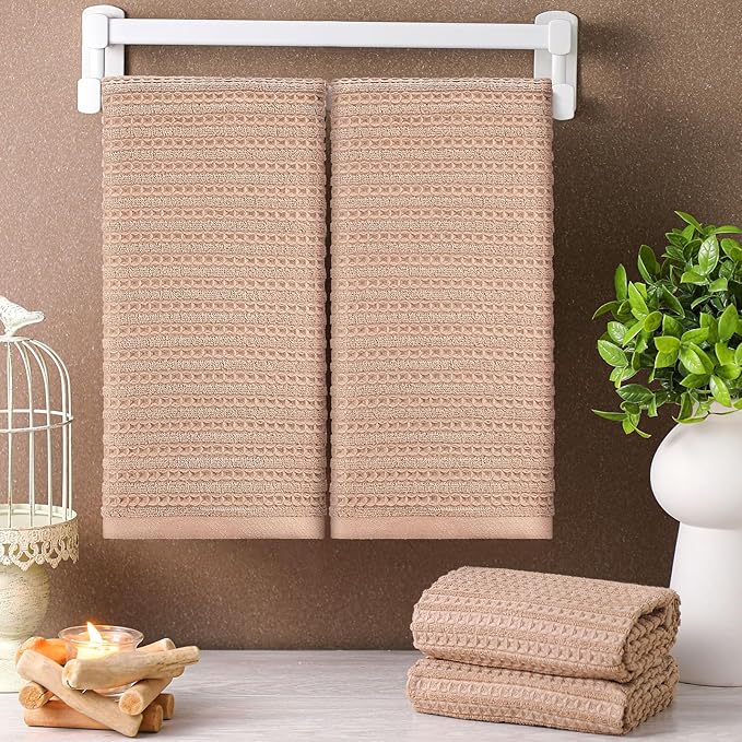 4 Pack Brown Hand Towels Waffle Striped Pattern 100% Cotton Soft Hand Towels for Bathroom 13 x 29 Inch Absorbent Waffle Washcloths for Bathroom Kitchen