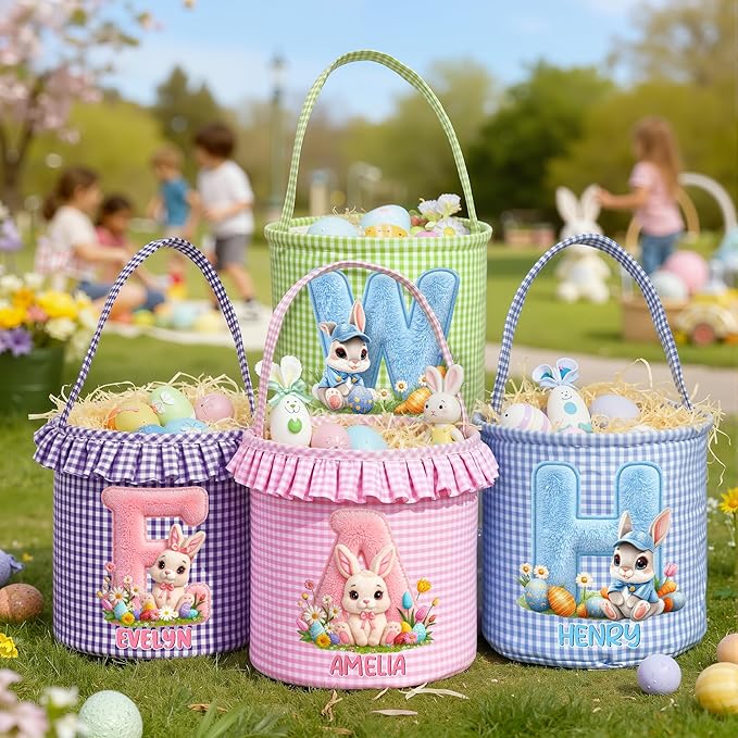 CALLIE Personalized Easter Basket for Kids | 8.8" Custom Easter Basket with Name Rabbits Plaid Design | First Easter Spring Basket Gift