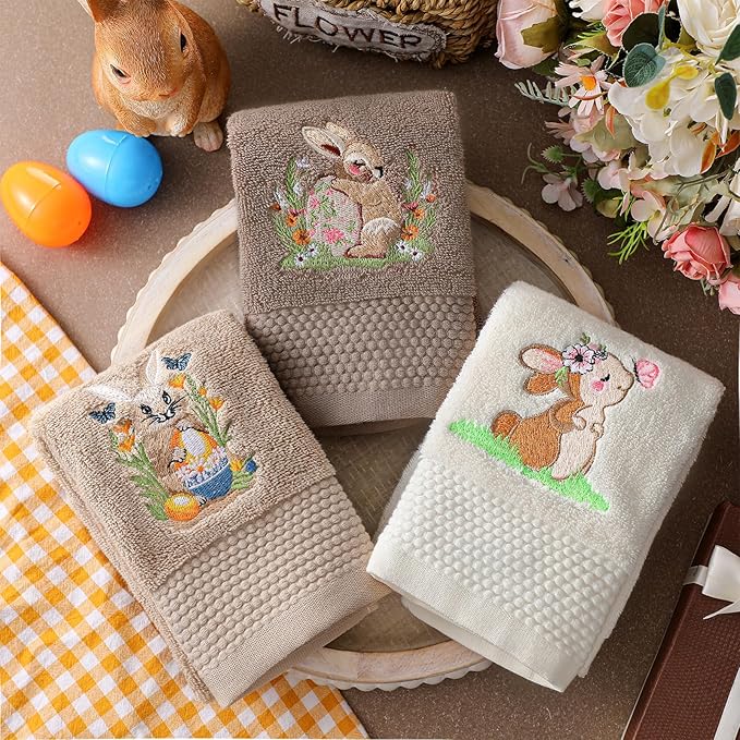 3 Pack Easter Bunny Hand Towels Brown Bathroom Decor 13.4 x 29.2 Inch Cotton Embroidered Bunny with Easter Egg Bathroom Towel Absorbent Decorative for Hand Drying Cleaning Gift