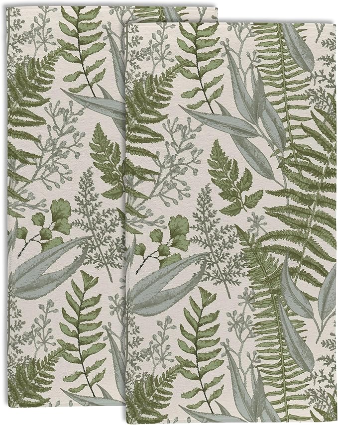 Green Fern Leaves Hand Towel for Bathroom Set of 2,Watercolor Botanical Plant Leaves Bathroom Hand Towel,Soft Absorbent Decorative for Hotel Home Decor