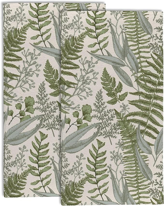 Green Fern Leaves Hand Towel for Bathroom Set of 2,Watercolor Botanical Plant Leaves Bathroom Hand Towel,Soft Absorbent Decorative for Hotel Home Decor