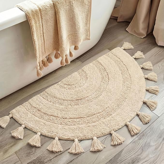 Half Circle Rug with Tassels for Boho Bedroom Decor Extra Soft 100% Cotton Hand-Woven Bath Rugs Non Slip Absorbent Crochet Rugs Machine Washable Boho Bath Mats for Bathroom Floor, Tub and Home Decor