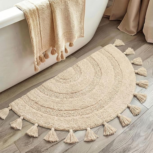 Half Circle Rug with Tassels for Boho Bedroom Decor Extra Soft 100% Cotton Hand-Woven Bath Rugs Non Slip Absorbent Crochet Rugs Machine Washable Boho Bath Mats for Bathroom Floor, Tub and Home Decor