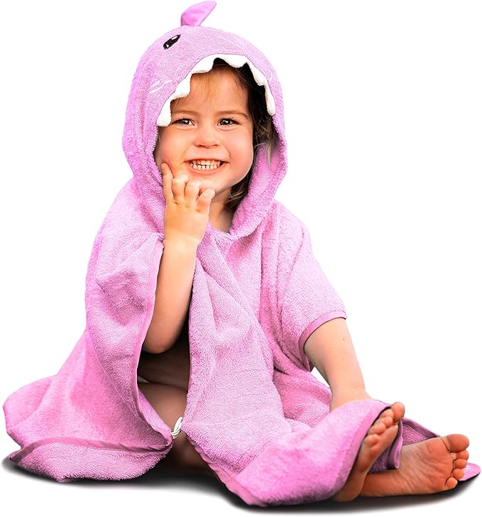 Hudz Kidz Premium Hooded Towel Poncho for Kids & Toddler - 100% Cotton (Pink Shark)