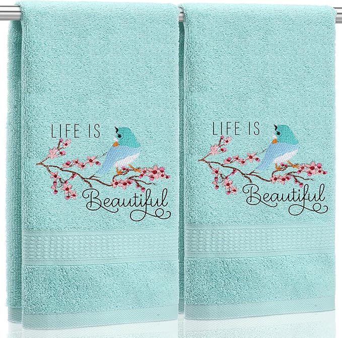 2 Pcs Bird Hand Towels Mint Green Bathroom Decor 14x29 Inch Embroidered 100% Cotton Soft Absorbent Spring Summer Decorative Hand Towels for Bathroom Kitchen