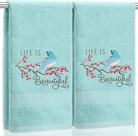 2 Pcs Bird Hand Towels Mint Green Bathroom Decor 14x29 Inch Embroidered 100% Cotton Soft Absorbent Spring Summer Decorative Hand Towels for Bathroom Kitchen