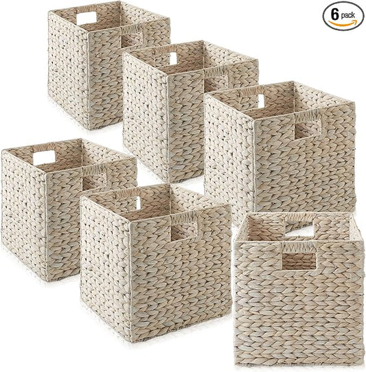 Casafield 12" x 12" Hyacinth Storage Baskets, Whitewash - Set of 6 Storage Organizers, Woven Wicker Cubes for Bathroom, Bedroom, Laundry, Shelves