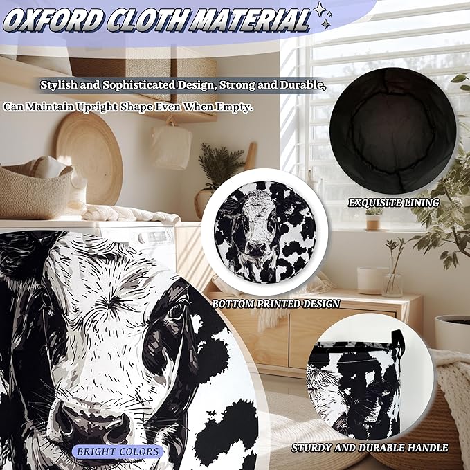 Personalize Black White Cow Laundry Basket Oxford Cloth Foldable Animal Laundry Hamper With Handle Portable Clothes Storage Organizer Basket 18.9x16.5Inch Laundry Bag For Laundry Room/Bedroom/Bathroom