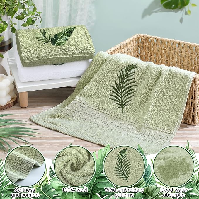3 Pcs Tropical Palm Leaves Hand Towels for Bathroom Decor Summer Monstera Leaves Embroidered Absorbent Soft Cotton Towels 13.78 x 29.53 Inch Farmhouse Green Decorative for Kitchen Home