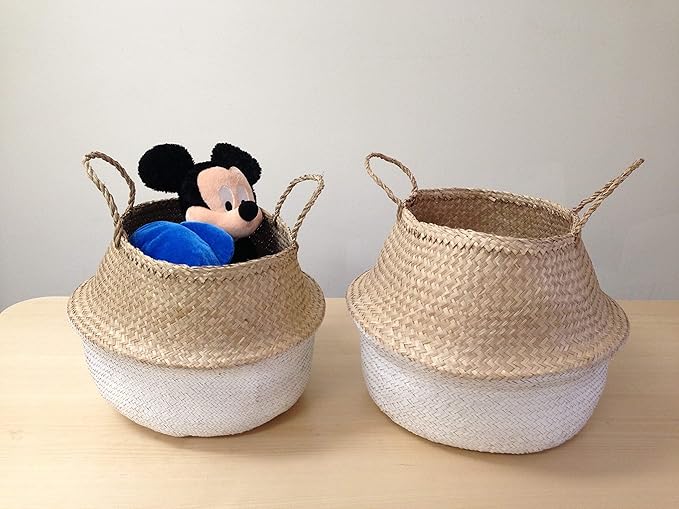 Dipped White Sea Grass Belly Basket Panier Boule Storage Nursery Toy Laundry Easter (Small)