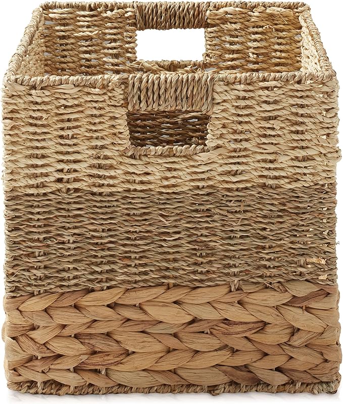 Casafield 13" x 13" Mixed Weave Storage Baskets, Natural - Set of 4 Woven Hyacinth Seagrass Wicker Storage Cube Bins for Bathroom, Bedroom, Laundry, Pantry, Shelves