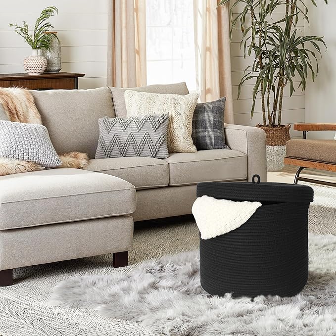 Large Basket with Lid, 18” x 14” Lidded Blanket Storage for Living Room, Black Woven Baskets for Storage, Nursery Kids Cotton Rope Toy Bin with Cover, Wicker Laundry Basket, Pillow Holder