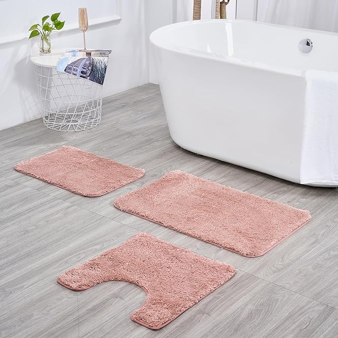 3 Pieces Luxury Bathroom Rug Set with U-Shaped Toilet Rug, Non-Slip Rubber Bottom, Thick Microfiber Fluffy Plush, Water Absorption, Quick Dry, Ultra Soft, Bath Mats for Bathroom, Tub(Coral)
