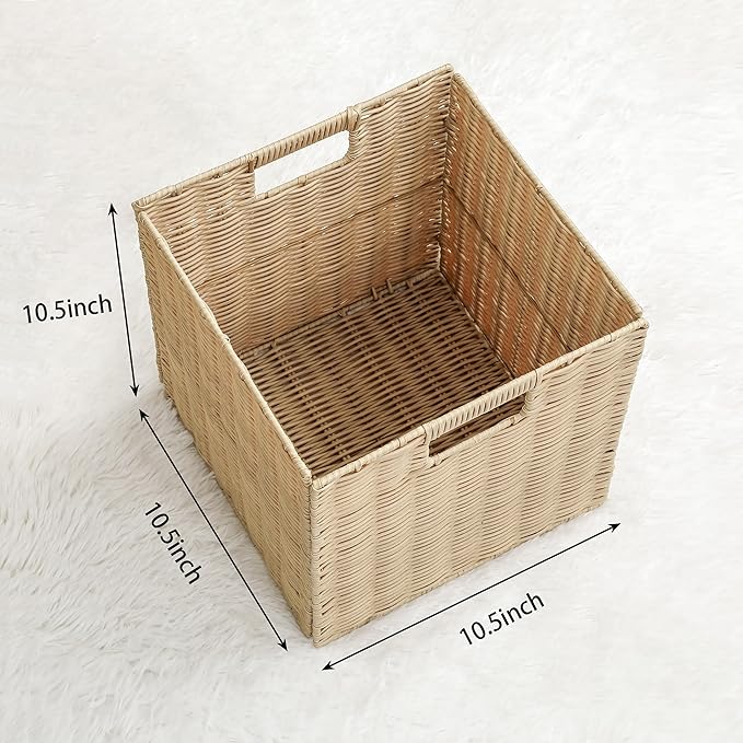 TAIMEI&G02 10.5 x 10.5 in Plastic Wicker Baskets for Cube Storage, Collapsible Square Wicker Storage Basket Set of 4, Rattan Storage Cube, Square Baskets for Shelves - Beige