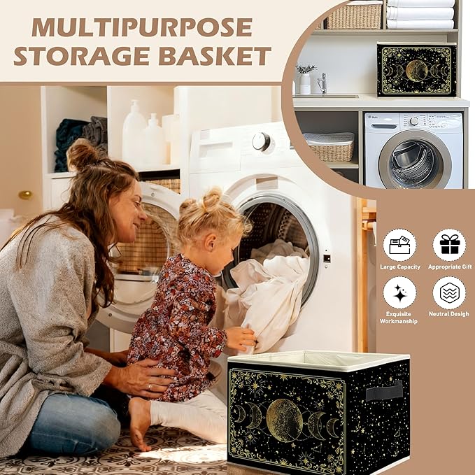 Mystical Witchy Moon Phase Storage Bin Box with Handles, Black and Gold Celestial Astrology Foldable Linen Fabric Laundry Basket for Home Bedroom Bathroom Clothes Toys Books
