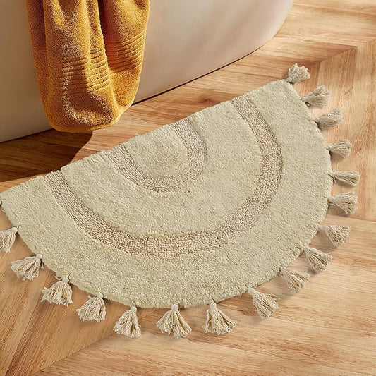Half Circle Boho Bathroom Rug with Tassels 100% Cotton Hand-Woven Bath Mat Non Slip Absorbent Crochet Rug Washable Boho Bath Mat Carpet for Tub, Shower 27.5 Inch