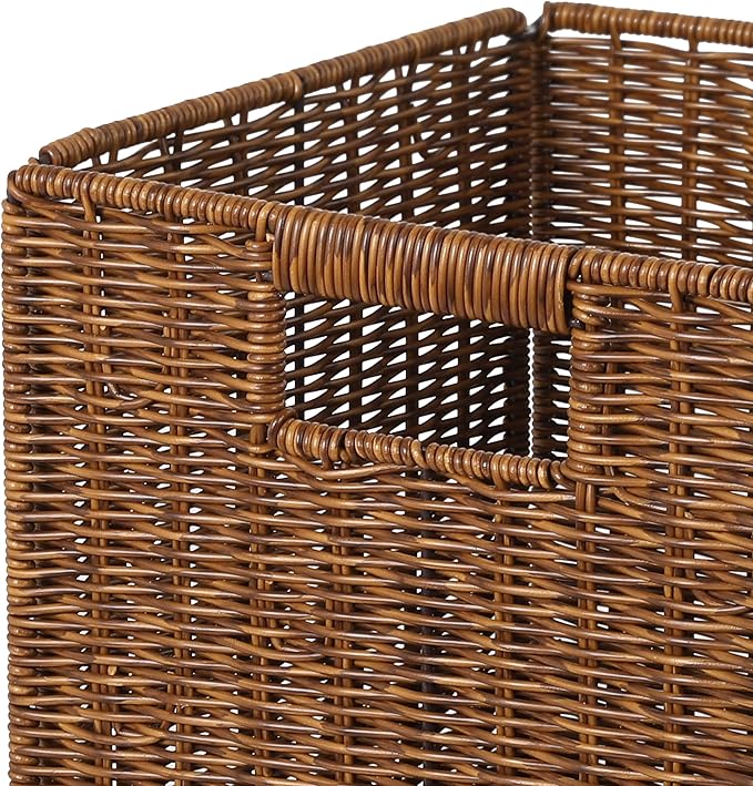11X11X11in Brown Plastic Wicker Storage Basket, Foldable Cube Woven Storage Basket for Shelves, 11x11 Cube Storage Bins Set of 3, Wicker Storage Baskets for Laundry Nursery Room