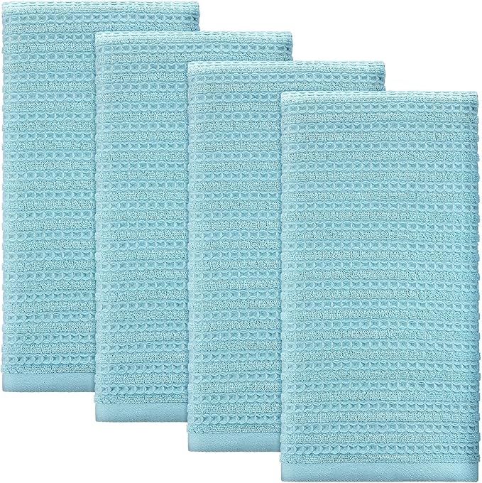 4 Pack Turquoise Kitchen Towels Waffle Striped Pattern 100% Cotton Soft Hand Towels for Bathroom 13 x 29 Inch Absorbent Waffle Washcloths for Bathroom Kitchen