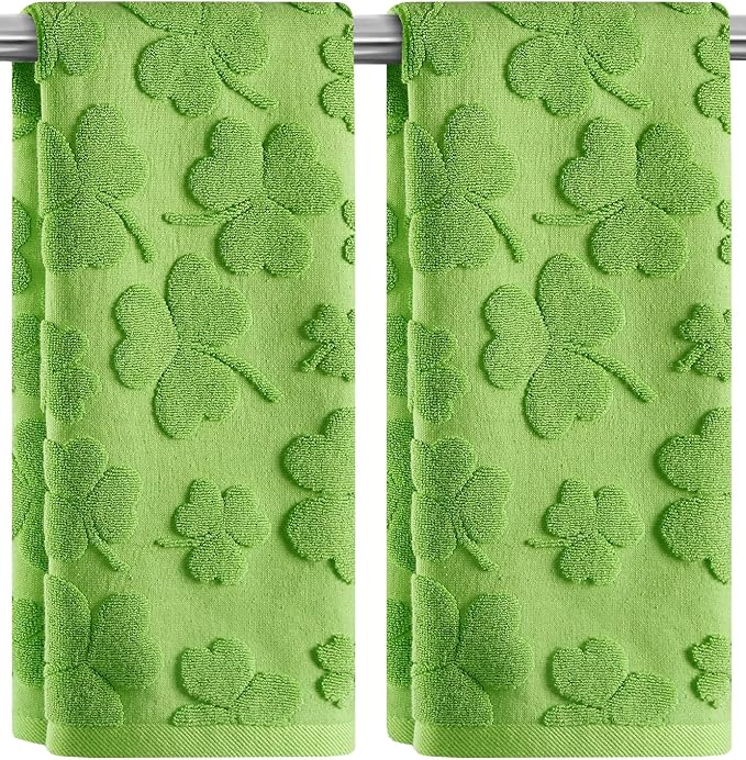 2 Pack St. Patrick's Day Hand Towels Green Clover Shamrocks Melody 100% Cotton Soft Absorbent Decorative Bathroom Towels Set for Kitchen Bath Pool Gym, 13.7'' x 29.5''