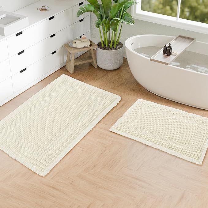 Hiasan Set of 2 Waffle Bath Mat, Super Absorbent Non Slip Bathroom Boho Rug with Tassels, Machine Washable Bath Mats for Bathroom, Ultra Soft Rubber Backed Rug, Loop-White, 16" x 24" + 20" x 32"