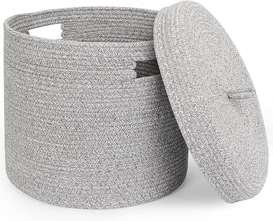 Storage Basket with Lid, Woven Blanket Storage for Living Room, Soft Cotton Rope Bin with Lid, Round Wicker Laundry Basket with Cover, Lidded Kid Dog Toy Box, Nursery Organizer, 15"x13", Gray