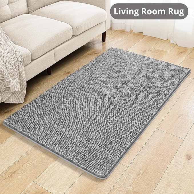Gray Bathroom Rugs 36"x60" - Large Plush Chenille Non-Slip Runner Bath Mat - Absorbent, Washable, Soft Decor for Shower, Sink, Tub, Floor, Home Accessories