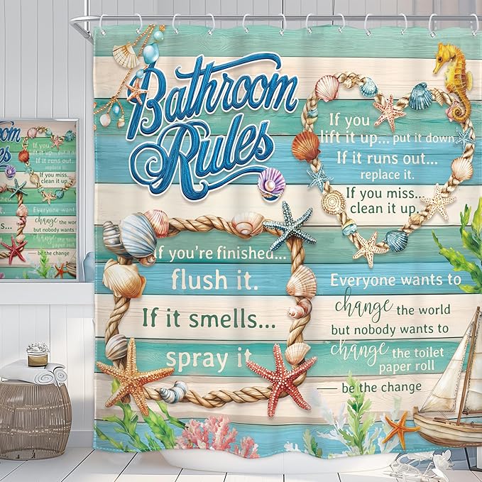 Homewelle Bathroom Rules Shower Curtain Teal Blue Kids Farmhouse Rustic Funny Starfish Beach Ocean Sea Inspirational Quotes Wooden Board Retro 72Wx72H Inch Waterproof Polyester Fabric Bathroom Bathtub
