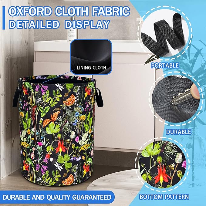 Beautiful Plants Flowers Laundry Basket Oxford Cloth Laundry Hamper With Handle Foldable Portable Clothes Storage Basket 18.9 X 16.5 In Storage Bag For Laundry Room/Bathroom/Bedroom/Dormitories
