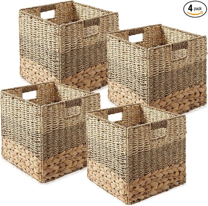 Casafield 13" x 13" Mixed Weave Storage Baskets, Natural - Set of 4 Woven Hyacinth Seagrass Wicker Storage Cube Bins for Bathroom, Bedroom, Laundry, Pantry, Shelves