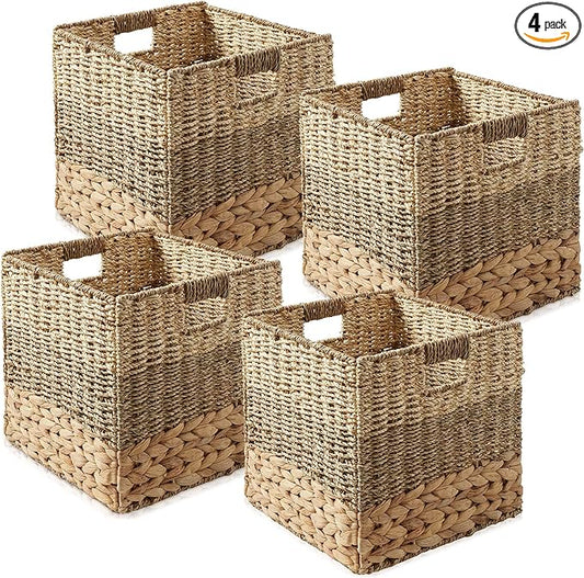 Casafield 13" x 13" Mixed Weave Storage Baskets, Natural - Set of 4 Woven Hyacinth Seagrass Wicker Storage Cube Bins for Bathroom, Bedroom, Laundry, Pantry, Shelves