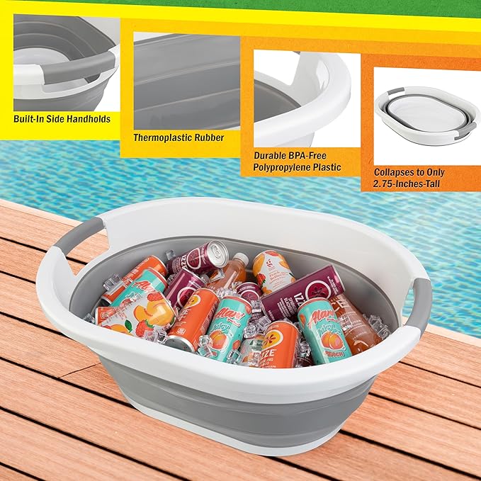 Collapsible Laundry Basket - 39L (10.3-Gallon) Portable Sink - Multipurpose Plastic Bin, Hamper, or Ice Bucket - Camping Essentials by Wakeman Outdoors (Gray)