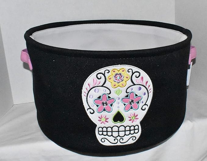 New 15" Embroidered Sugar Skull Face Fabric Halloween Decorative Basket with Pink Handles