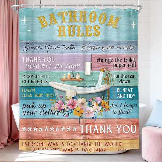 Homewelle Funny Bathroom Rules Shower Curtain Rustic Wooden Floral Farmhouse Inspirational Motivational Words Country Plank Cute 60Wx72H Inch Vintage Board Waterproof Polyester Fabric Bathroom Bathtub