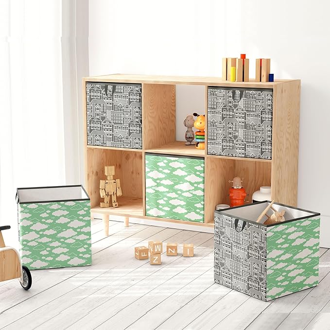 Bacati - Small Storage Tote Clouds in the City Mint/Grey Neutral 10 X 10 X 10 inches